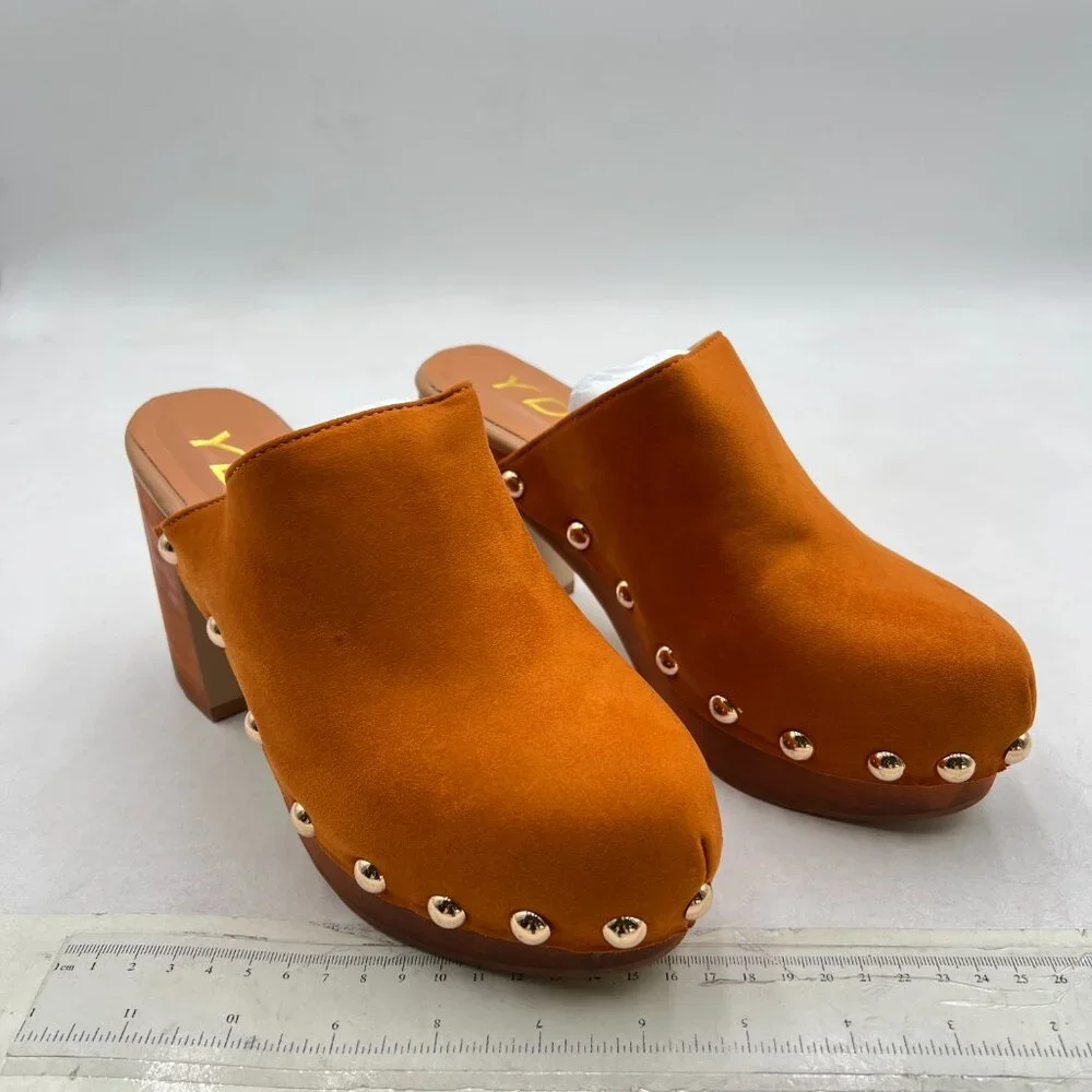 YDN Tan Brown Platform Slip On Clogs Mules Cork High Heel Round Toe Rivet Sandal - Picture 4 of 8